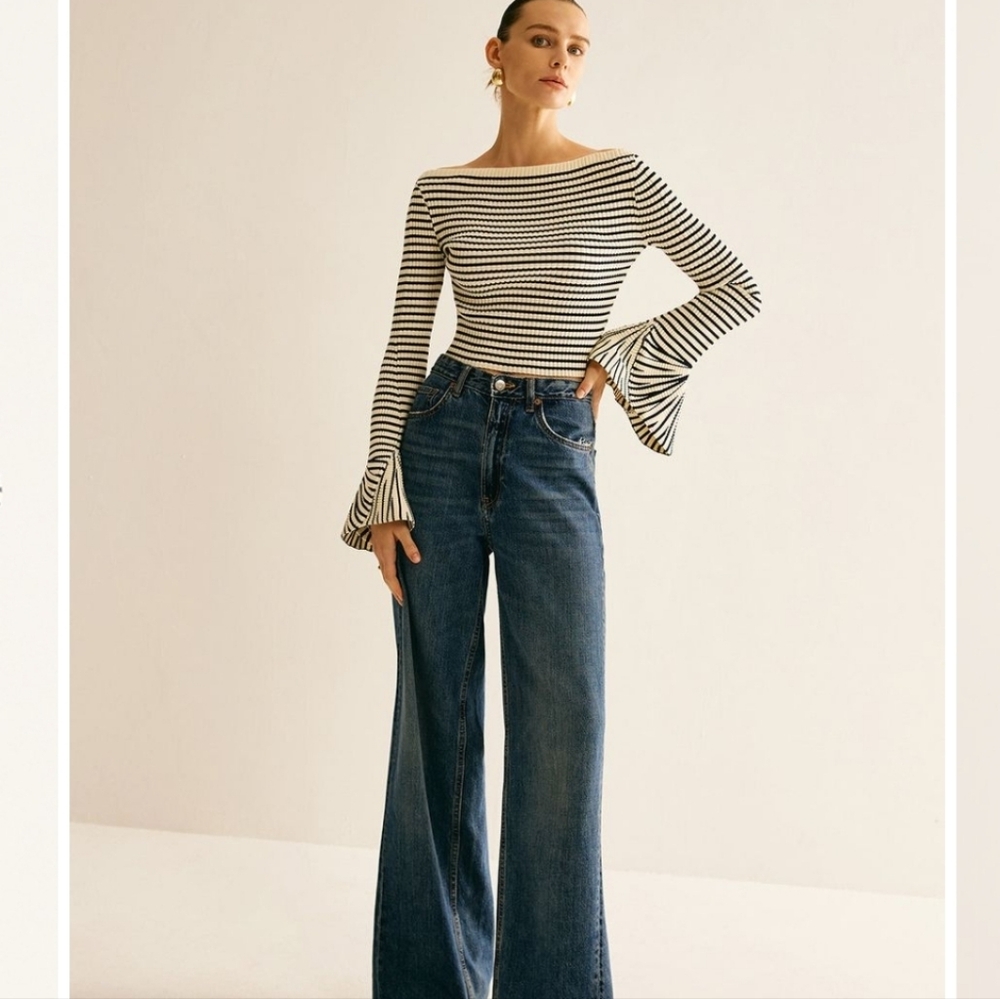 Commense Striped Off-Shoulder Bell Sleeve Top